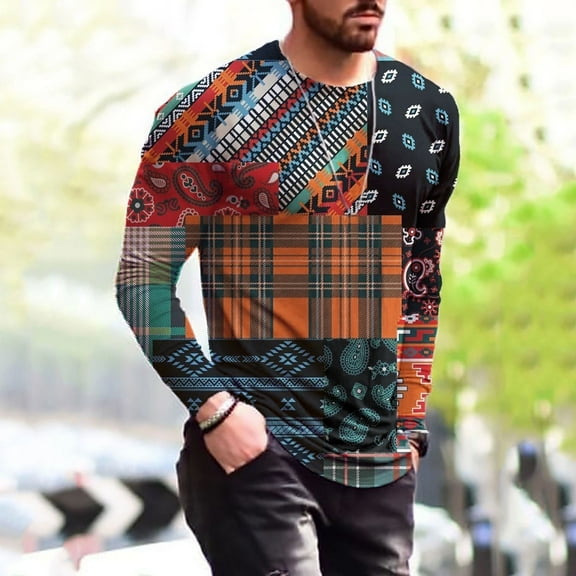 COSFO Casual Shirts for Men Multicolor Crew Neck Long Sleeve Plaid Pullover Mens T Shirts