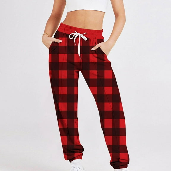 COSFO Casual Sweat Pants for Womens Red Joggers Elastic Waist Plaid Taper Pants Drawstring Adjustable Width Loose Pants
