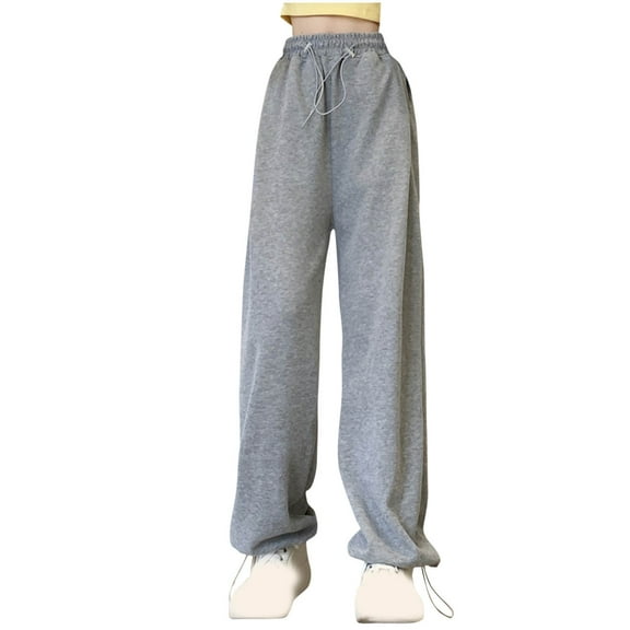 COSFO Casual Women's Pant Solid High Elastic Waisted Palazzo Gray Wide Leg Pants with Pocket Loose Adjustable Width Drawstring Pants
