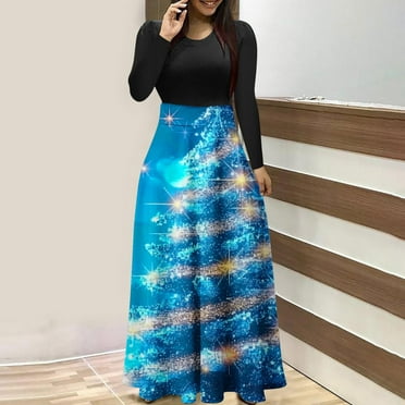 COSFO Christmas Fall Dresses for Women 2024 Casual Crew Neck Blue Long Sleeve Midi Dresses Flowy A-Line Splicing Dresses