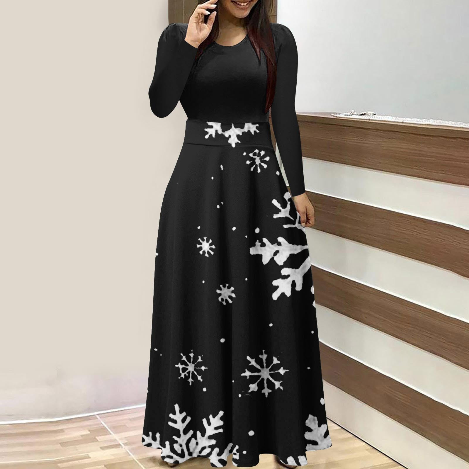COSFO Crew Neck Dresses for Women Christmas Casual Long Sleeve Black ...