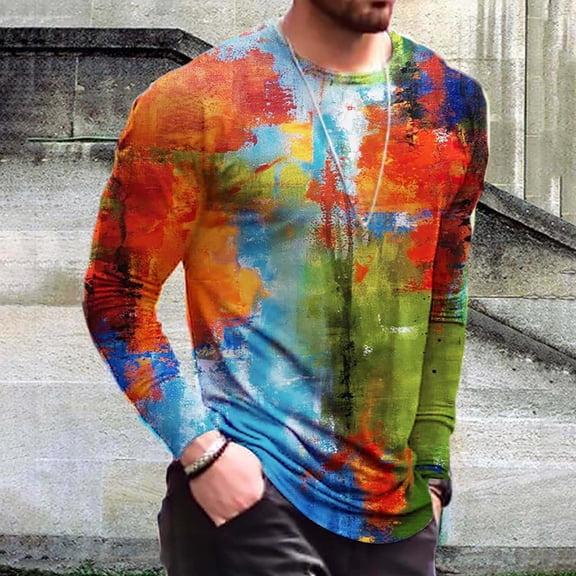 COSFO Crew Neck Men Shirt Long Sleeve Casual Orange Pullover Colorblock Mens T-Shirts