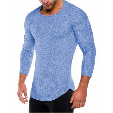 COSFO Crew Neck Men Shirts Casual Blue Long Sleeve Ribbed Solid Pullover Men's T-Shirts