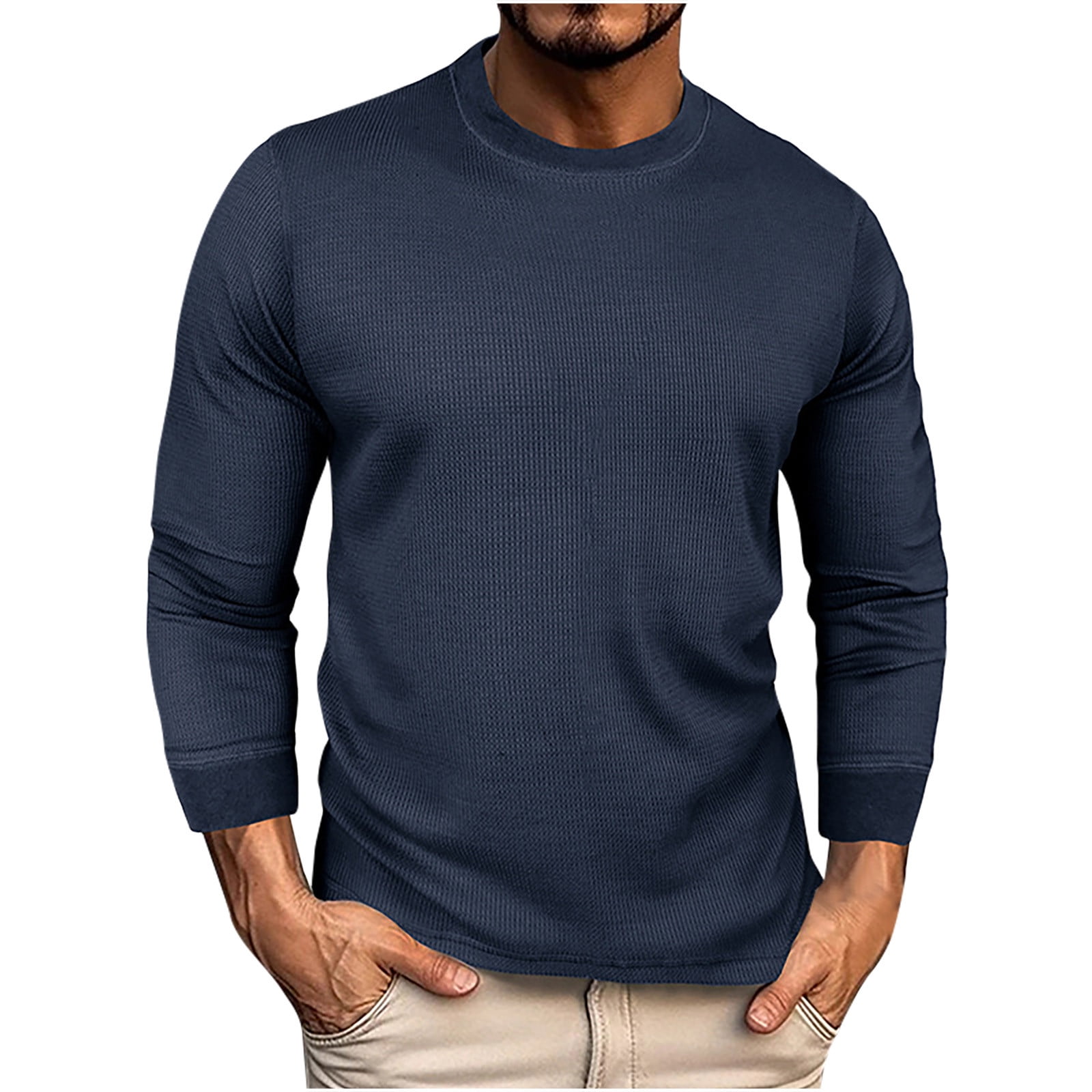 COSFO Crew Neck Men Shirts Casual Blue Long Sleeve Waffle Knit Solid ...