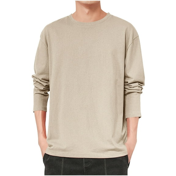 COSFO Crew Neck Mens Sweatshirts Beige Casual Long Sleeve Solid Pullover Men Shirts