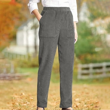 COSFO Elastic Waist Pants for Women Casual Corduroy Solid Gray Straight Leg Pants Loose with Pocket Pants
