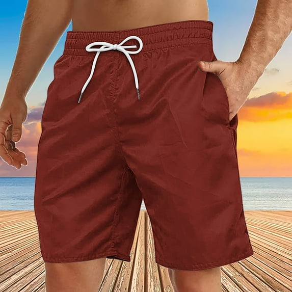 COSFO Elastic Waist Shorts Men Board Red Drawstring Solid Casual Shorts Beach Loose Shorts