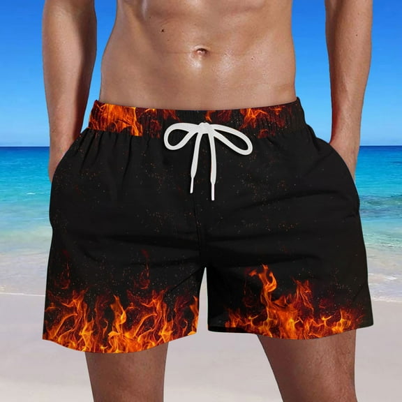 COSFO Flame Shorts Men Elastic Waist Orange Drawstring Board Casual Shorts Beach Loose Shorts