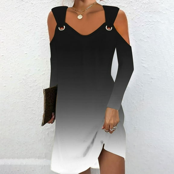 COSFO Gradient Womens Dress Black V-Neck Casual Long Sleeve Mini Dress A-Line Dress