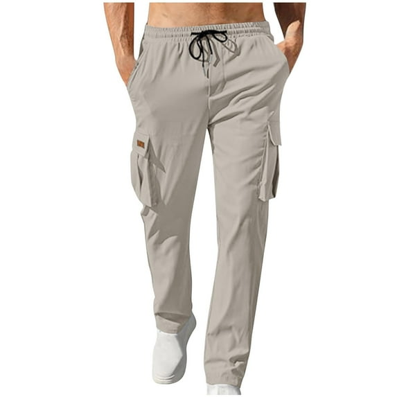 COSFO Gray Tactical Pants for Men Stretch Straight-Leg Full Joggers Athleisure Drawstring Elastic Waist Solid Mens Pants Casual