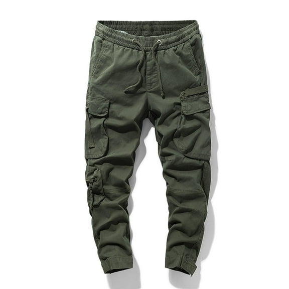 COSFO Green Men's Tactical Pants Taper Full Carpenter Workwear Elastic Waist Solid Drawstring Mens Pants