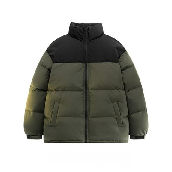 Cosfo Green Mens Winter Jacket Puffer Casual Zip Up Colorblock Heavyweight Jacket Stand Collar with Pocket Warm Long Sleeve Loose Hoodless Jacket