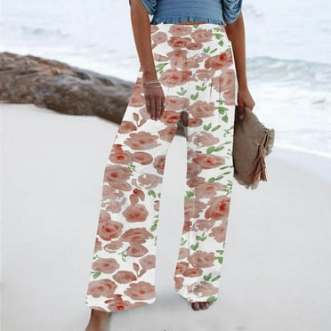 COSFO High Elastic Waisted Women Pants Floral Casual Red Palazzo Wide Leg Pants Loose with Pocket Pants