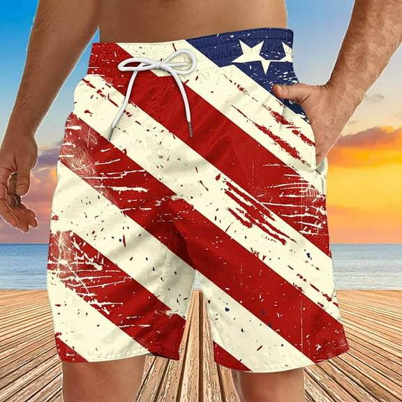 COSFO Independence Day Shorts Men White Drawstring Board Elastic Waist Casual Shorts Beach Loose Shorts