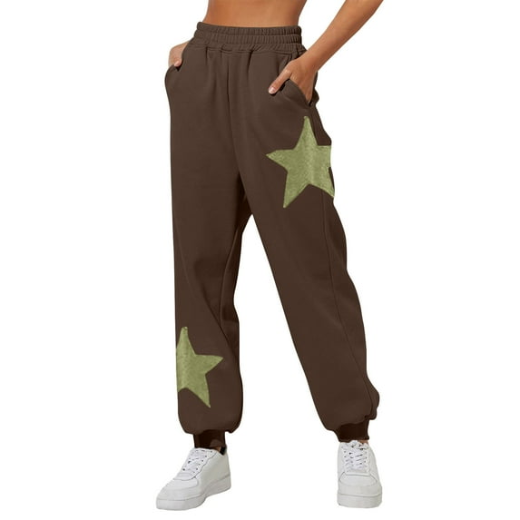 COSFO Joggers Sweatpants for Women Casual Brown Star Elastic Waist Taper Pants with Pocket Drawstring Loose Pants