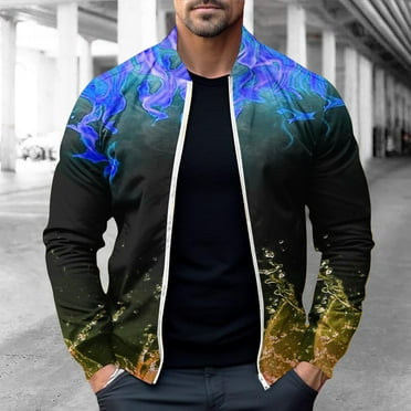 Cosfo Lightweight Jackets for Men Zip Up Flame Blue Casual Windbreaker Long Sleeve with Pocket Loose Stretchy Stand Collar Hoodless Jacket