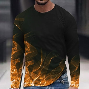 COSFO Long Sleeve Mens Shirts Casual Crew Neck Black Flame Pullover Men T Shirts