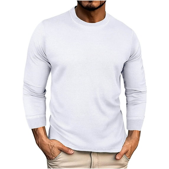 Cosfo Long Sleeve Shirts for Men Casual Crew Neck White Solid Waffle Knit Pullover Oversized Tshirts for Men