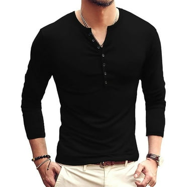 COSFO Long Sleeve Shirts for Men Casual Henley Black Button Pullover Men's T-Shirts