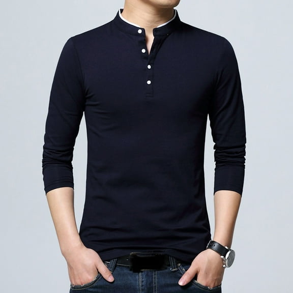 COSFO Men Shirt Blue Long Sleeve Henley Casual Pullover Button Solid Oversized Tshirts for Men