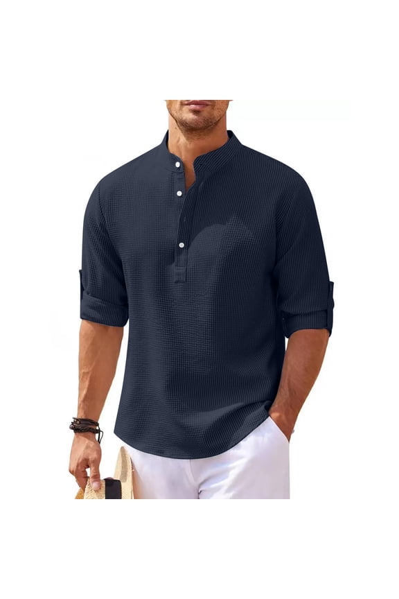 Men Shirts Blue Casual Henley Long Sleeve Button Waffle Pullover Solid T Shirts for Man