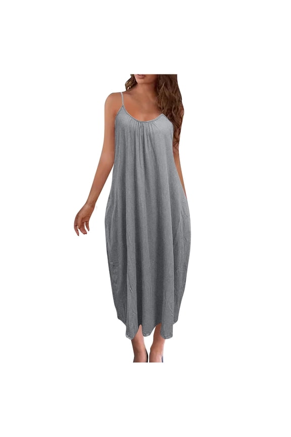 Off The Shoulder Dresses for Women 2024 Gray Solid Frocks Round Neck Sleeveless Casual Dresses Frocks for Women