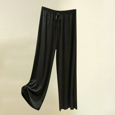COSFO Palazzo Pants for Women Black Solid Casual High Elastic Waisted Wide Leg Pants Loose Drawstring Pants