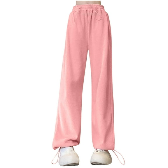 COSFO Palazzo Women Pants High Elastic Waisted Pink Casual Solid Wide Leg Pants Drawstring with Pocket Loose Adjustable Width Pants