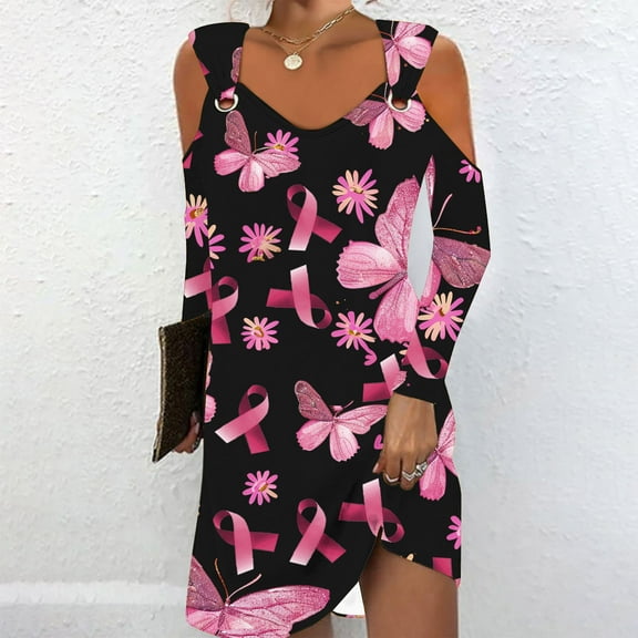 COSFO Pink Womens Fall Dresses 2024 Long Sleeve Crew Neck Casual Breast Cancer Mini Dresses Spaghetti Strap A-Line Dresses