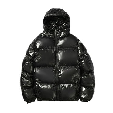 COSFO Puffer Jacket for Men Casual Zip Up Solid Black Heavyweight Jacket Long Sleeve Loose with Pocket Mid-Length Hooded Jackets
