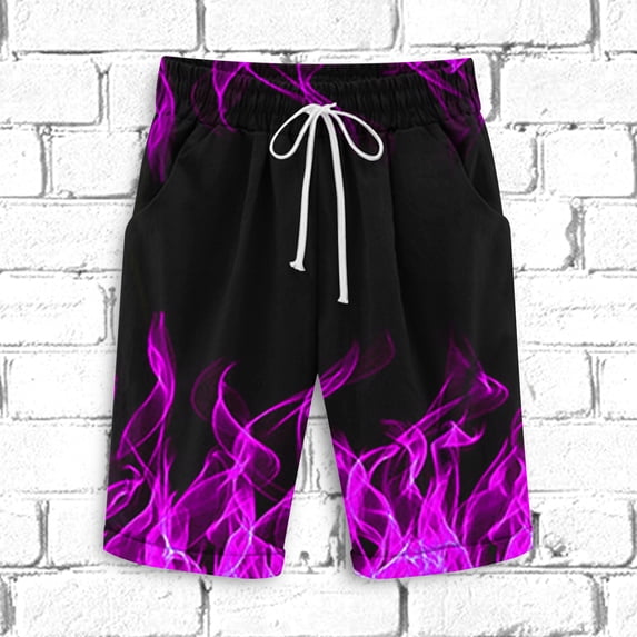 COSFO Purple Mens Shorts Flame Drawstring Elastic Waist Board Casual Shorts Beach Loose Workout Shorts