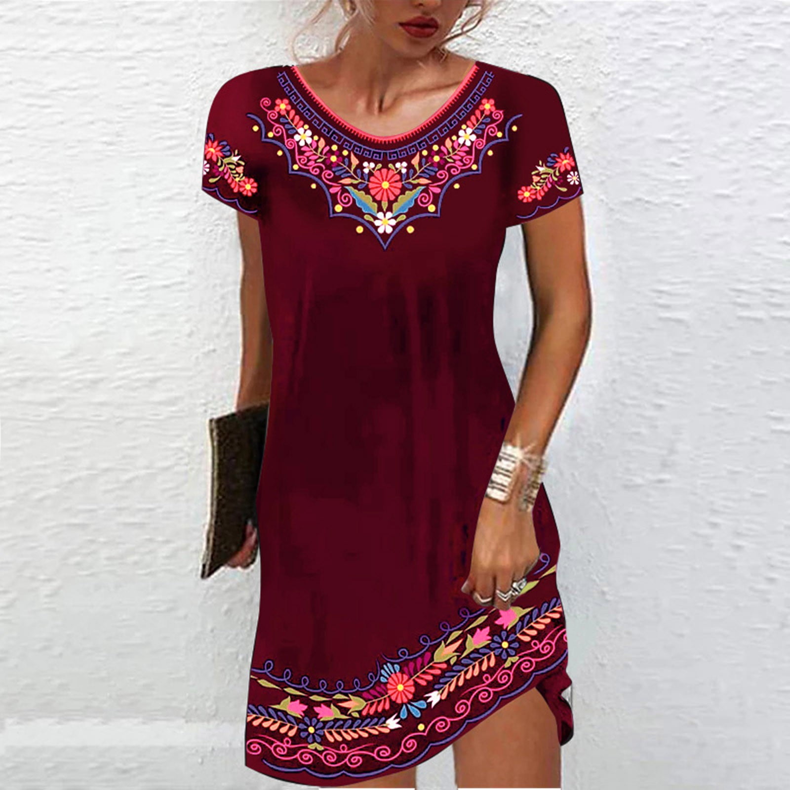 COSFO Red Women Dresses Crew Neck Casual Floral Short Sleeve Mini ...