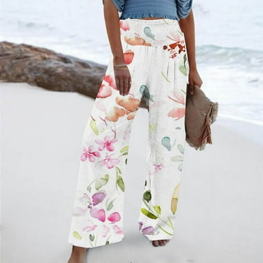 COSFO Red Women Pants Casual Floral High Elastic Waisted Palazzo Wide Leg Pants with Pocket Loose Pants
