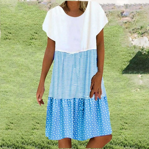 COSFO Short Sleeve Dresses for Women Striped Casual Crew Neck Blue Midi Dresses Polka Dot Loose Fit A-Line Dresses