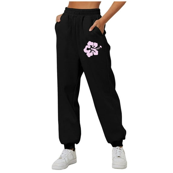 COSFO Sweatpants for Women Athletic Floral Black Tapered Loose Pants Casual Joggers Full Length Elastic Waist Breathable Pants