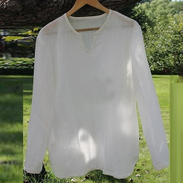 Cosfo V-Neck Men Shirt Casual Long Sleeve White Breathable Solid Pullover Mens T Shirts