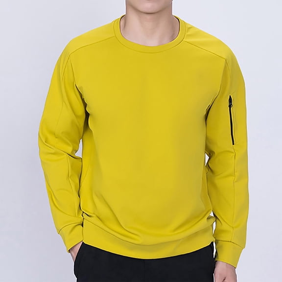COSFO Yellow Mens Shirts Crew Neck Casual Long Sleeve with Zipper Pockets Pullover Solid Tee Shirts Mens