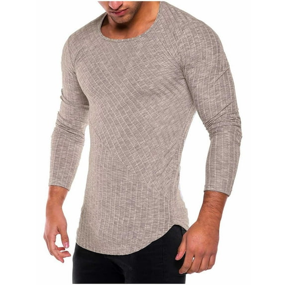 COSFO Yellow Shirts for Men Crew Neck Casual Long Sleeve Solid Pullover Ribbed T Shirts Men