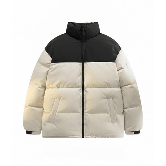 Cosfo Zip Up Jackets for Men Beige Casual Colorblock Puffer Heavyweight Jacket Warm Stand Collar Loose Long Sleeve with Pocket Hoodless Jacket