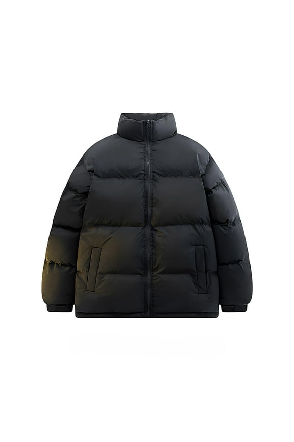 Zip Up Mens Fall Jackets Black Puffer Colorblock Casual Heavyweight Jacket with Pocket Loose Warm Long Sleeve Stand Collar Hoodless Jacket