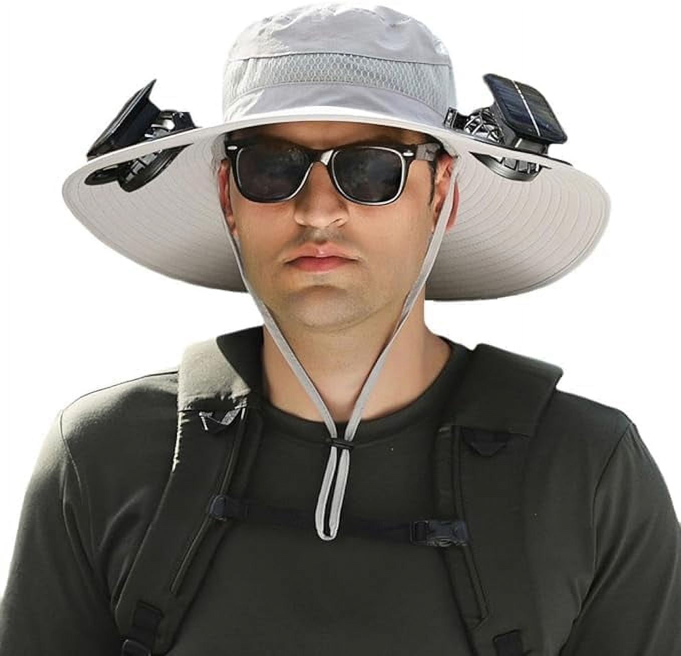 Cosgrinch Hat with Fans Solar Power, 2 Solar Fan Hats for Men, Sun & USB Charging Sombrero Con Ventilador Light Grey