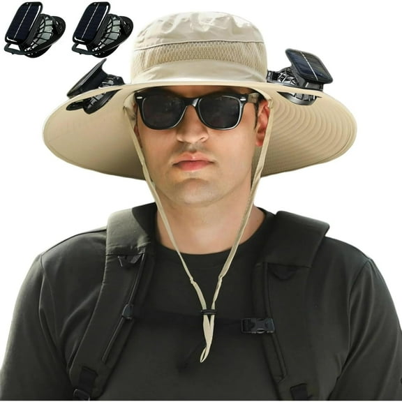 Cosgrinch Hat with Fans Solar Power, 2 Solar Fan Hats for Men, Sun & USB Charging Sombrero Con Ventilador Solar, Khaki