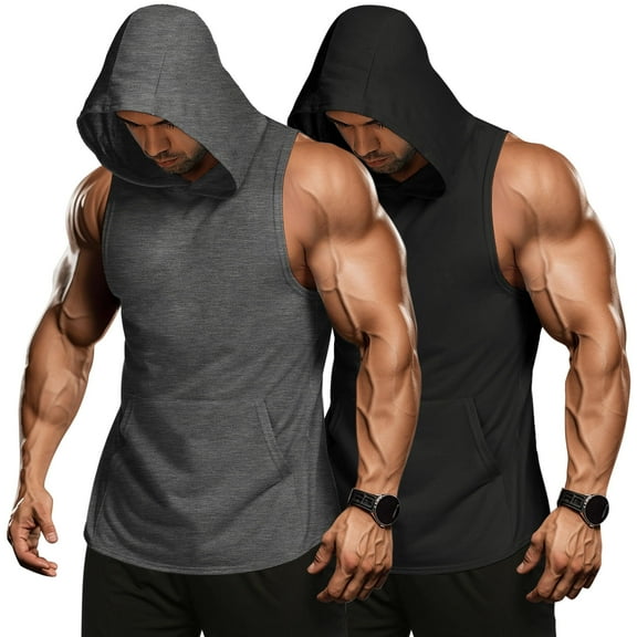 Coshow Men's 2 Pack Workout Hooded Tank Tops Bodybuilding Muscle Cut Off T Shirt Sleeveless Gym Hoodies