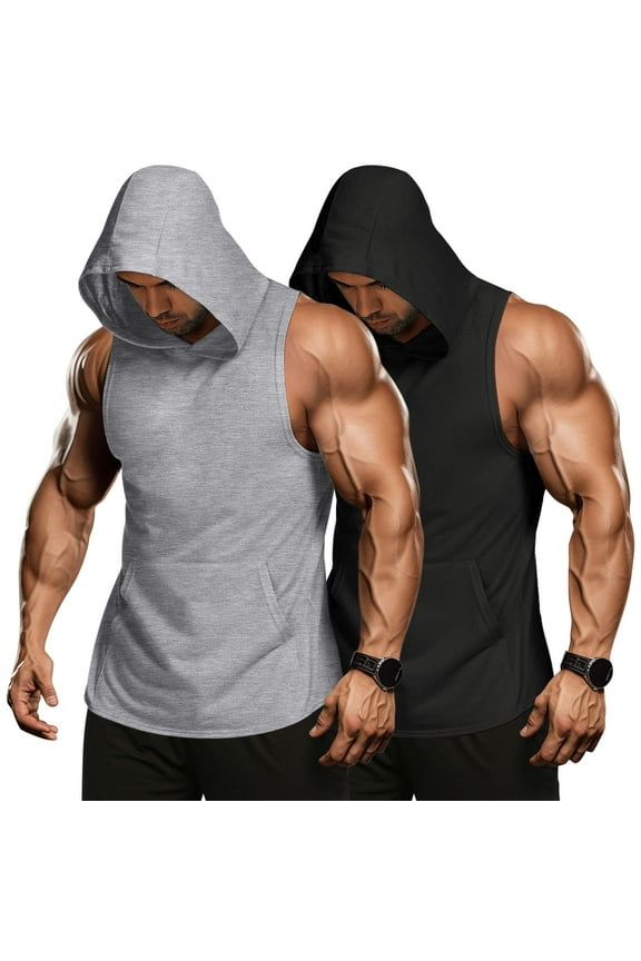 Men's 2 Pack Workout Hooded Tank Tops Bodybuilding Muscle Cut Off T Shirt Sleeveless Gym Hoodies