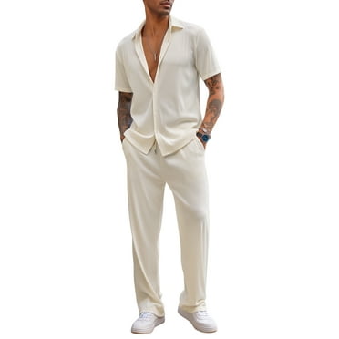 Coshow Men's 2 Piece Outfit Casual Short Sleeve Button Down Shirt Beach Summer Loose Pant Sets
