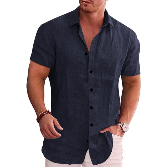 Coshow Men's Casual Button Down Shirts Short Sleeve Linen Shirts Summer Beach Dress Shirt