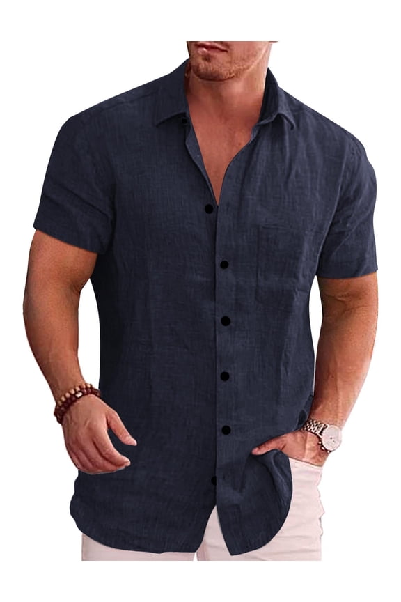 Men's Casual Button Down Shirts Short Sleeve Linen Shirts Summer Beach Dress Shirt