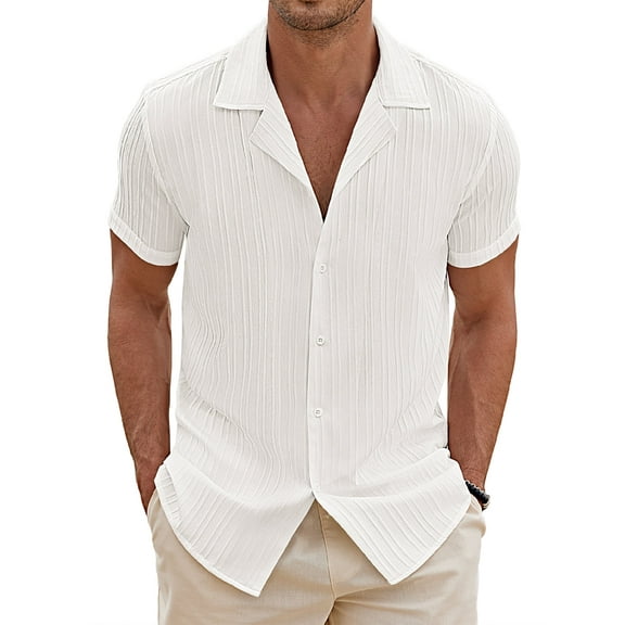 Coshow Men's Short Sleeve Shirts Button Down Casual Shirt Fashion Textured Summer Beach Top
