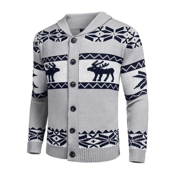 Coshow Men's Christmas Cardigan Long Sleeve Ugly Xmas Reindeer Snowflake Cardigan with Shawl Collar