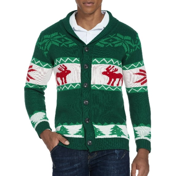 Coshow Men's Christmas Cardigan Long Sleeve Ugly Xmas Reindeer Snowflake Cardigan with Shawl Collar